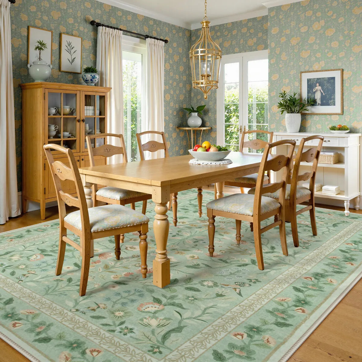 Celeste Washable Vintage Floral Light Green Area Rug Area Rugs Lahome
