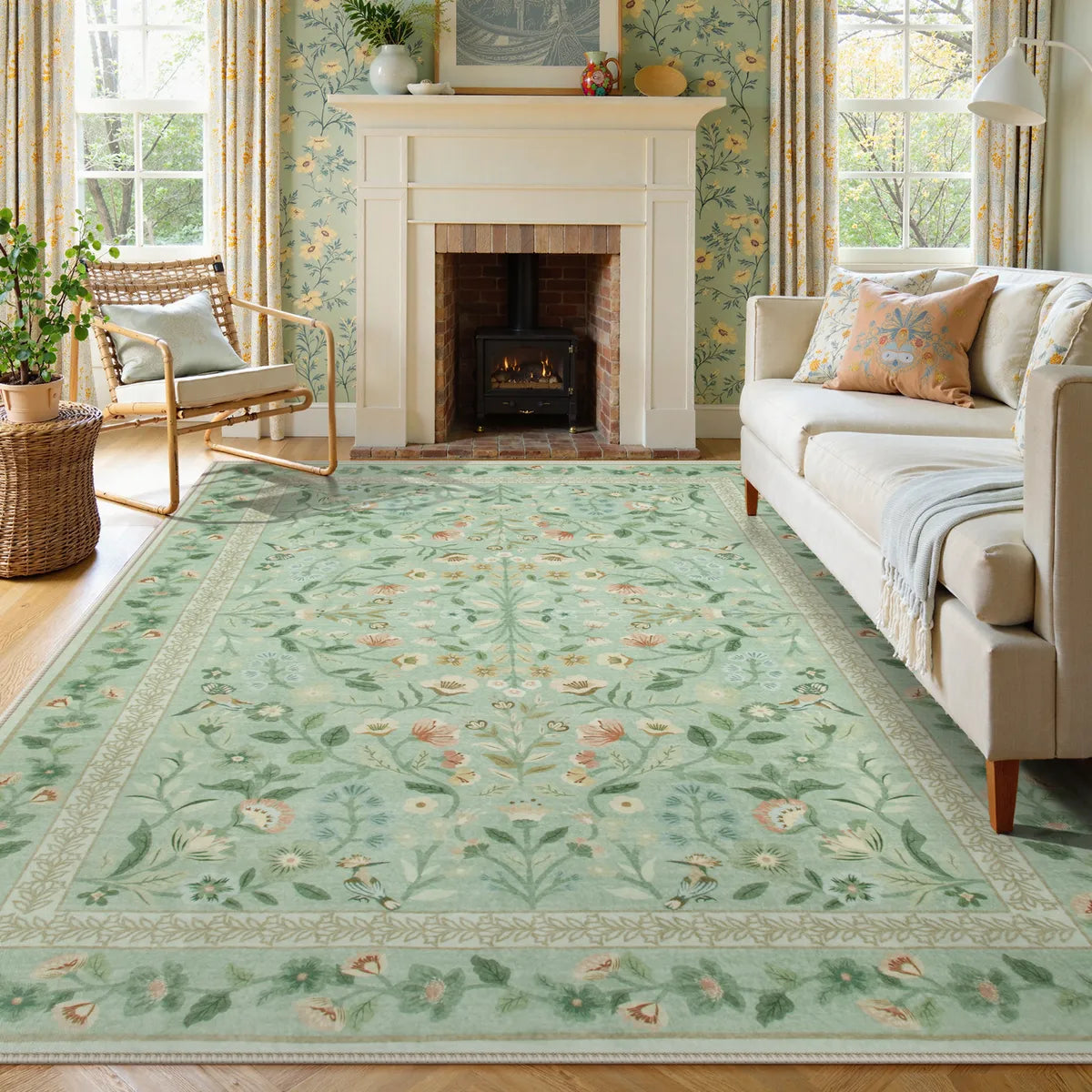 Celeste Washable Vintage Floral Light Green Area Rug Area Rugs Lahome 8' x 10'