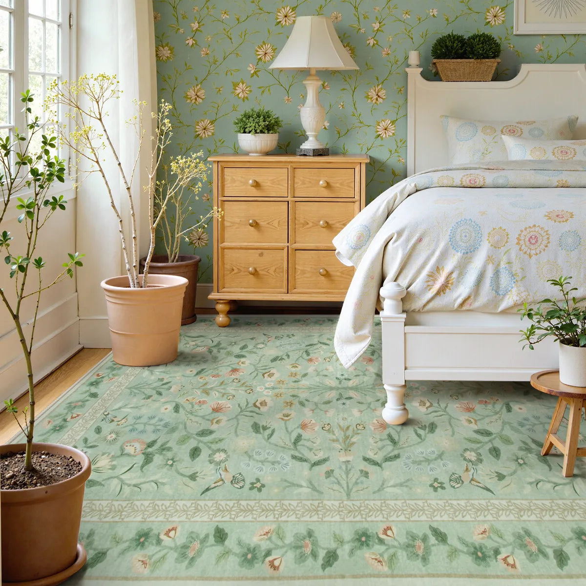 Celeste Washable Vintage Floral Light Green Area Rug Area Rugs Lahome