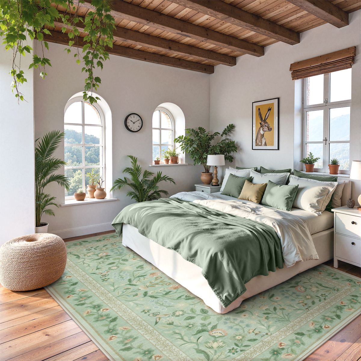 Celeste Washable Vintage Floral Light Green Area Rug Area Rugs Lahome