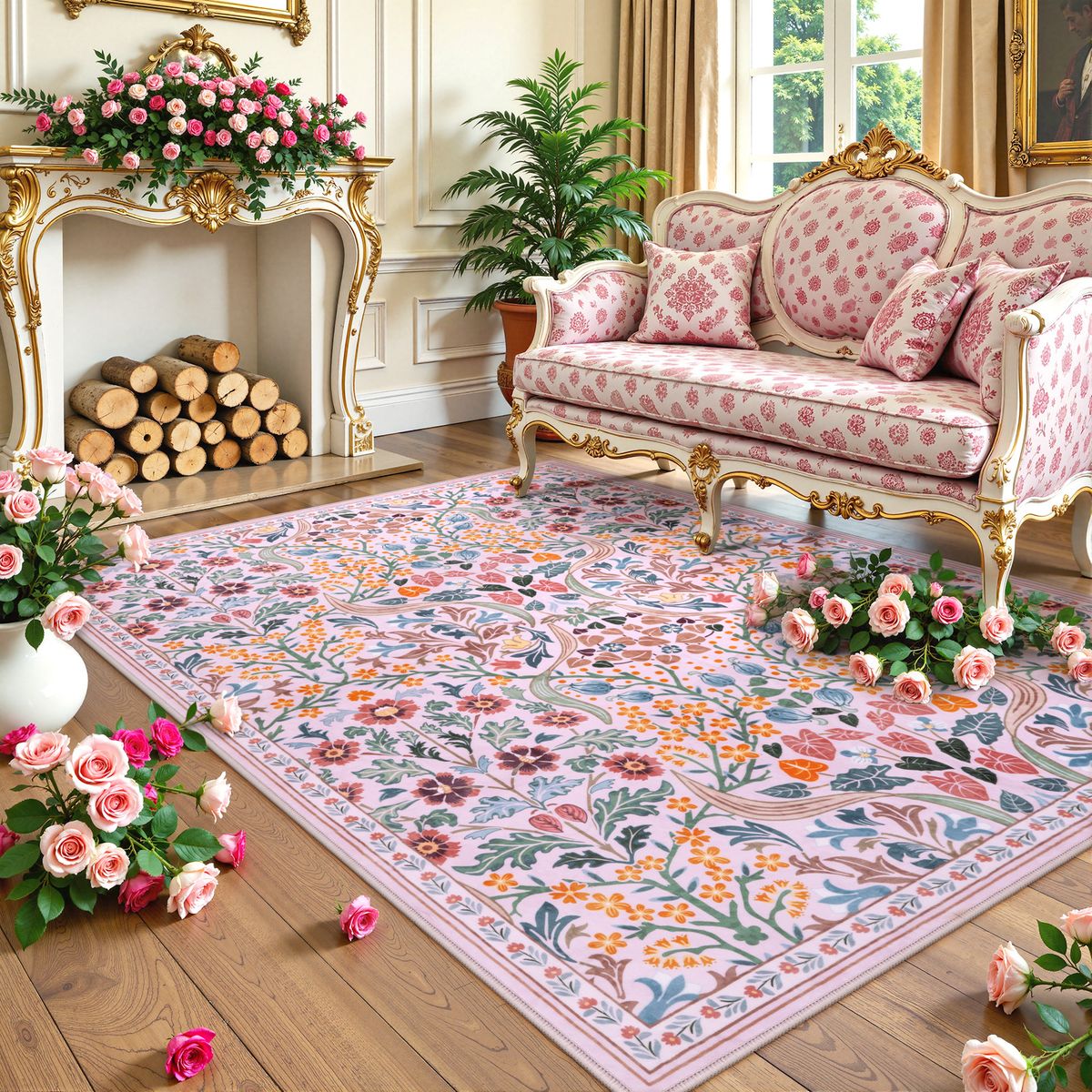 Claude Washable Maximalism Vibrant Blossom Floral Pink Rug Clearance Rugs Lahome