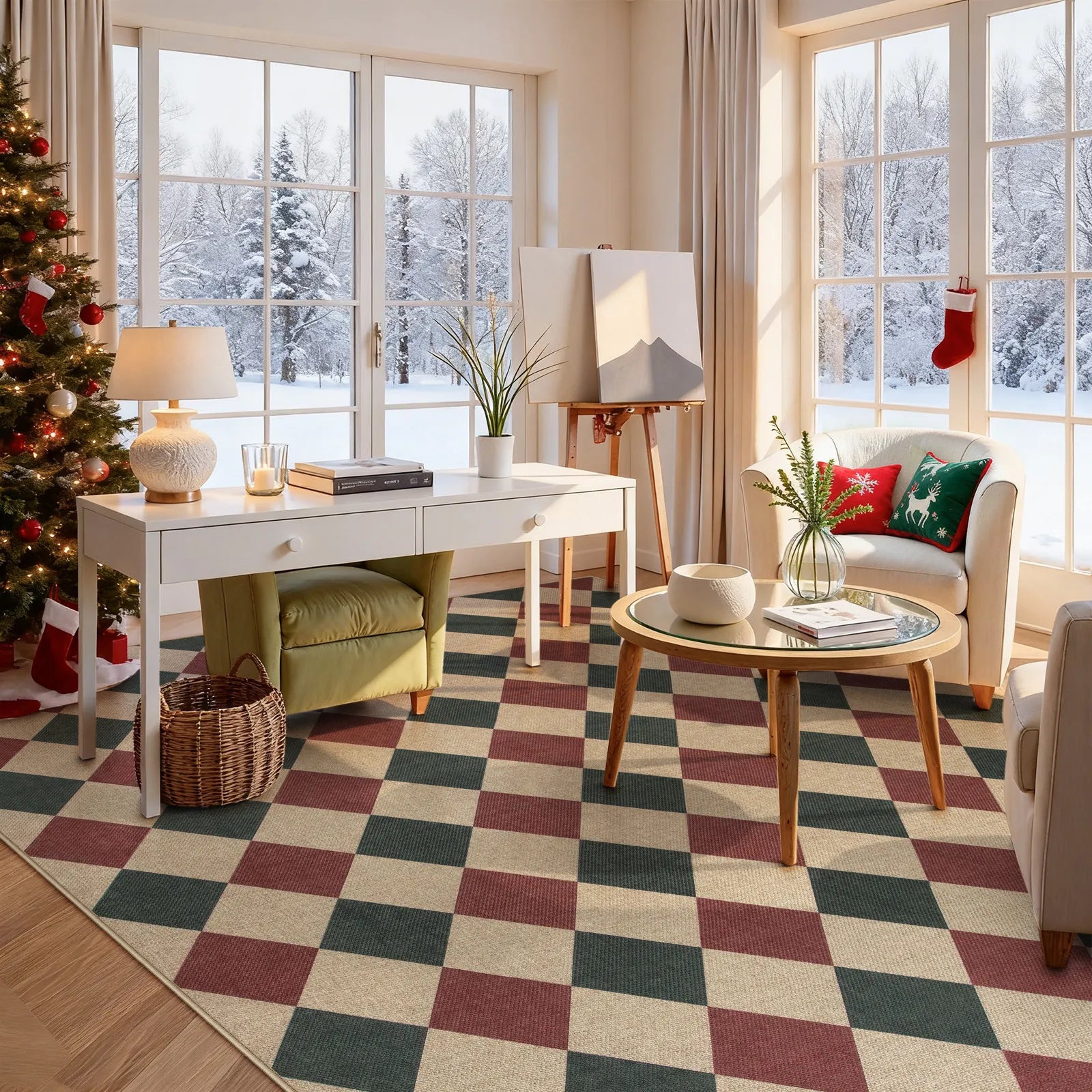 Coline Christmas Diamond Checkered Easy Jute Red&Green Rug Easy Jute Rug Lahome