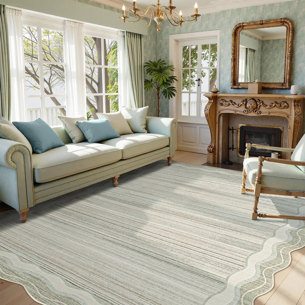 Estelle Washable Modern Abstract Bordered Scalloped Beige Rug Irregular Rugs Lahome