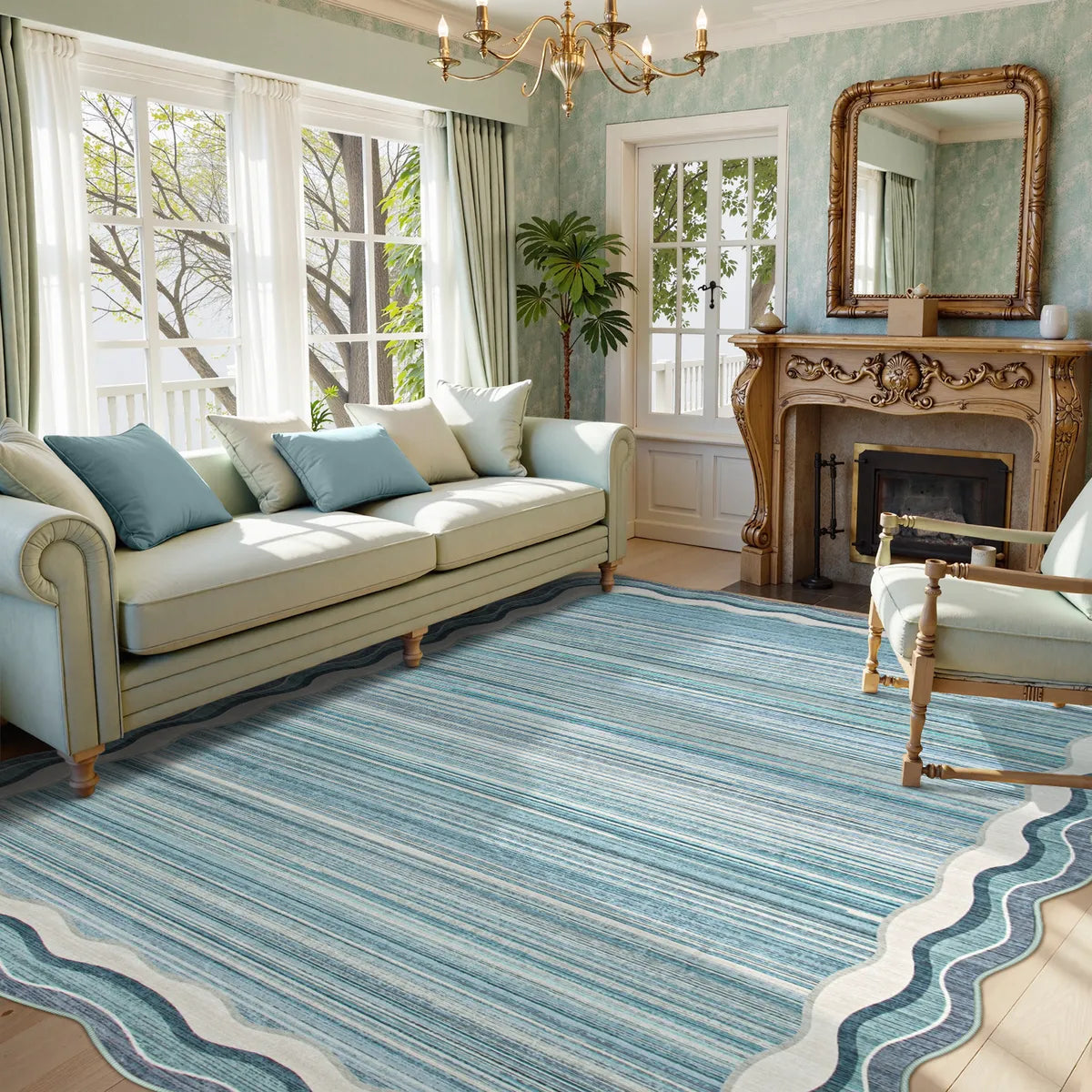 Estelle Washable Modern Abstract Bordered Scalloped Blue Rug Irregular Rugs Lahome