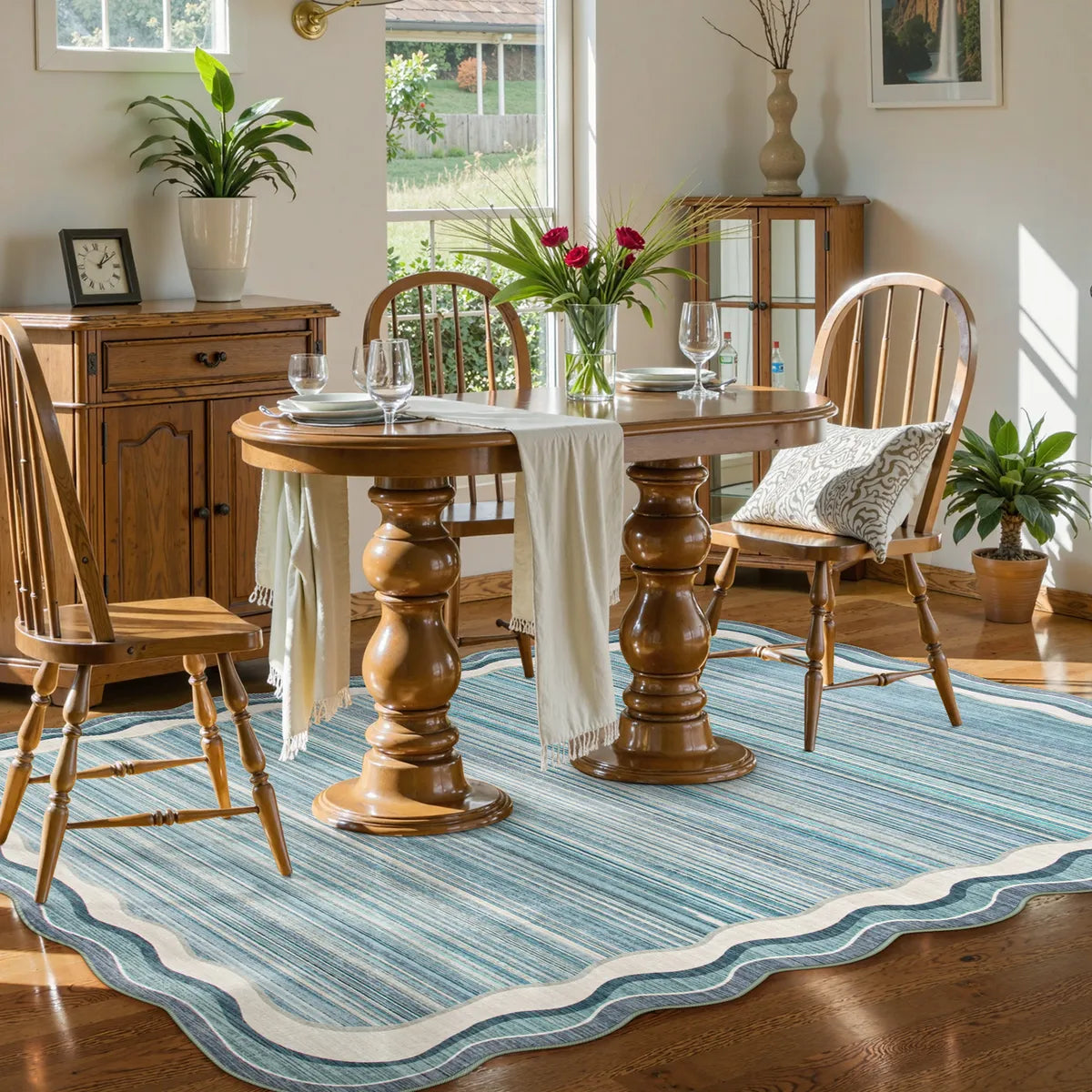 Estelle Washable Modern Abstract Bordered Scalloped Blue Rug Irregular Rugs Lahome