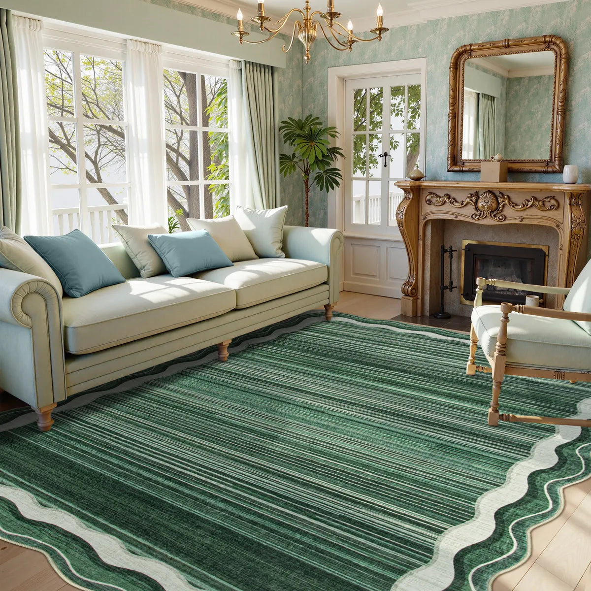 Estelle Washable Modern Abstract Bordered Scalloped Green Rug Irregular Rugs Lahome