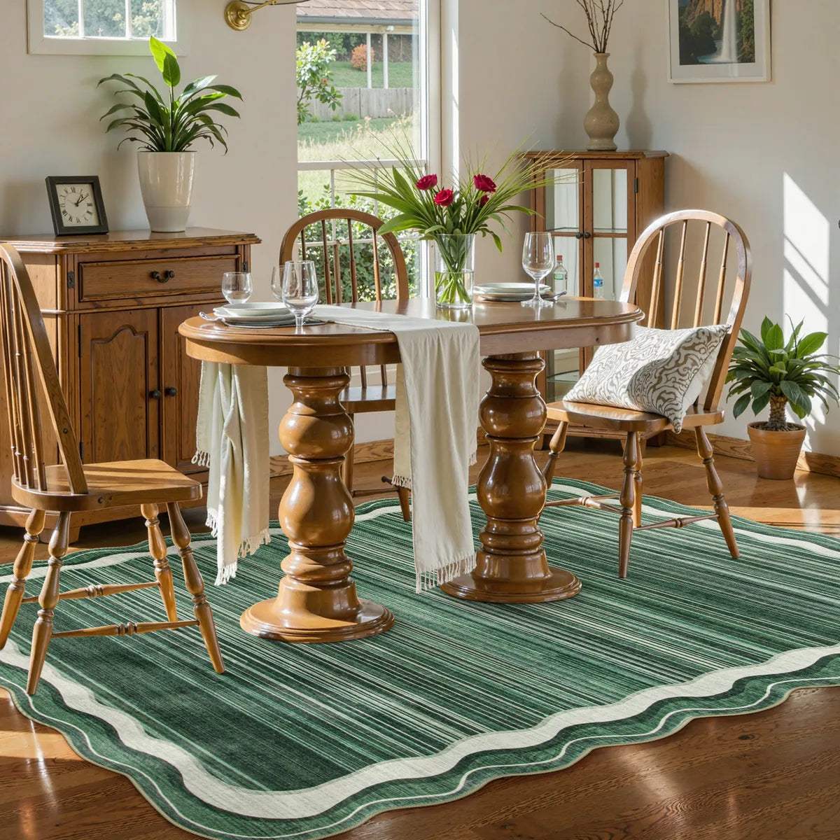Estelle Washable Modern Abstract Bordered Scalloped Green Rug Irregular Rugs Lahome