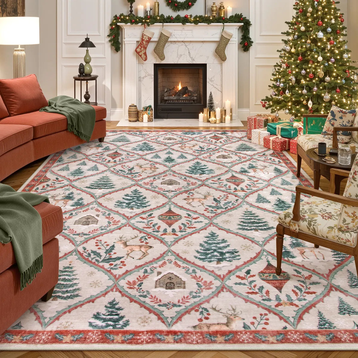Glace Christmas Washable Tree and Reindeer Pink/Beige Rug Area Rugs Lahome 8' x 10'