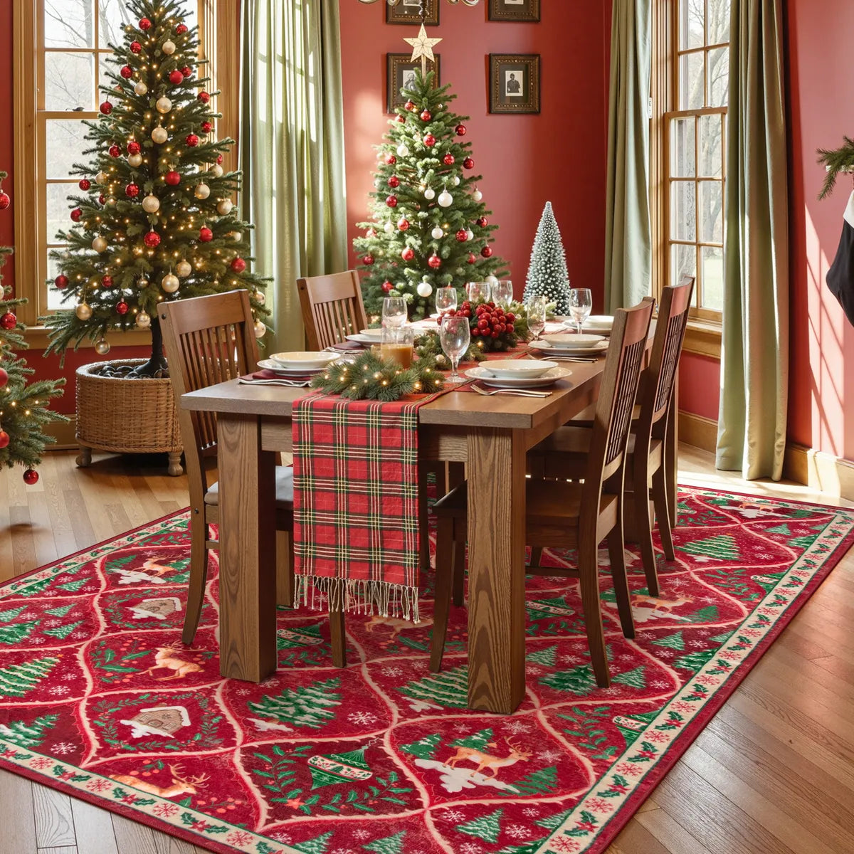 Glace Christmas Washable Tree and Reindeer Red Rug Area Rugs Lahome
