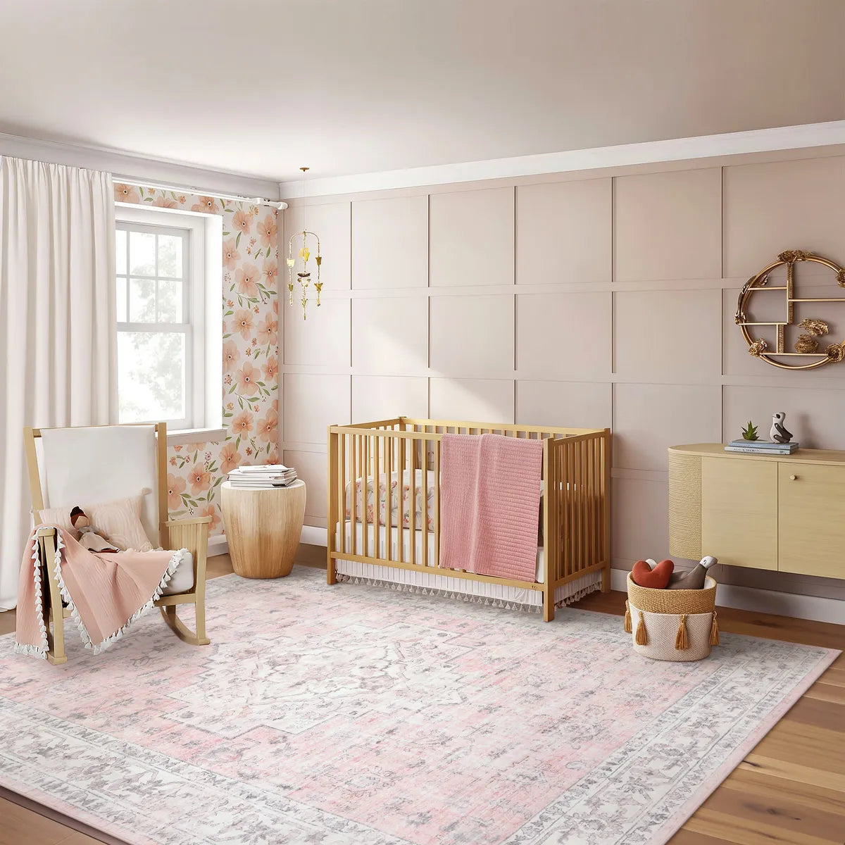 Alene Washable Vintage Medallion Floral Pink Rug Area Rugs Lahome