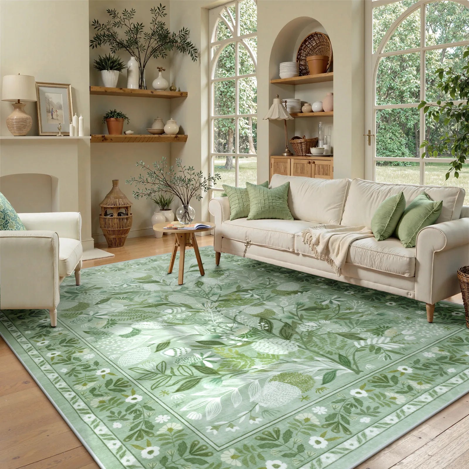 Alma Washable Modern Natural Botanical Floral Light Green Rug Area Rugs Lahome