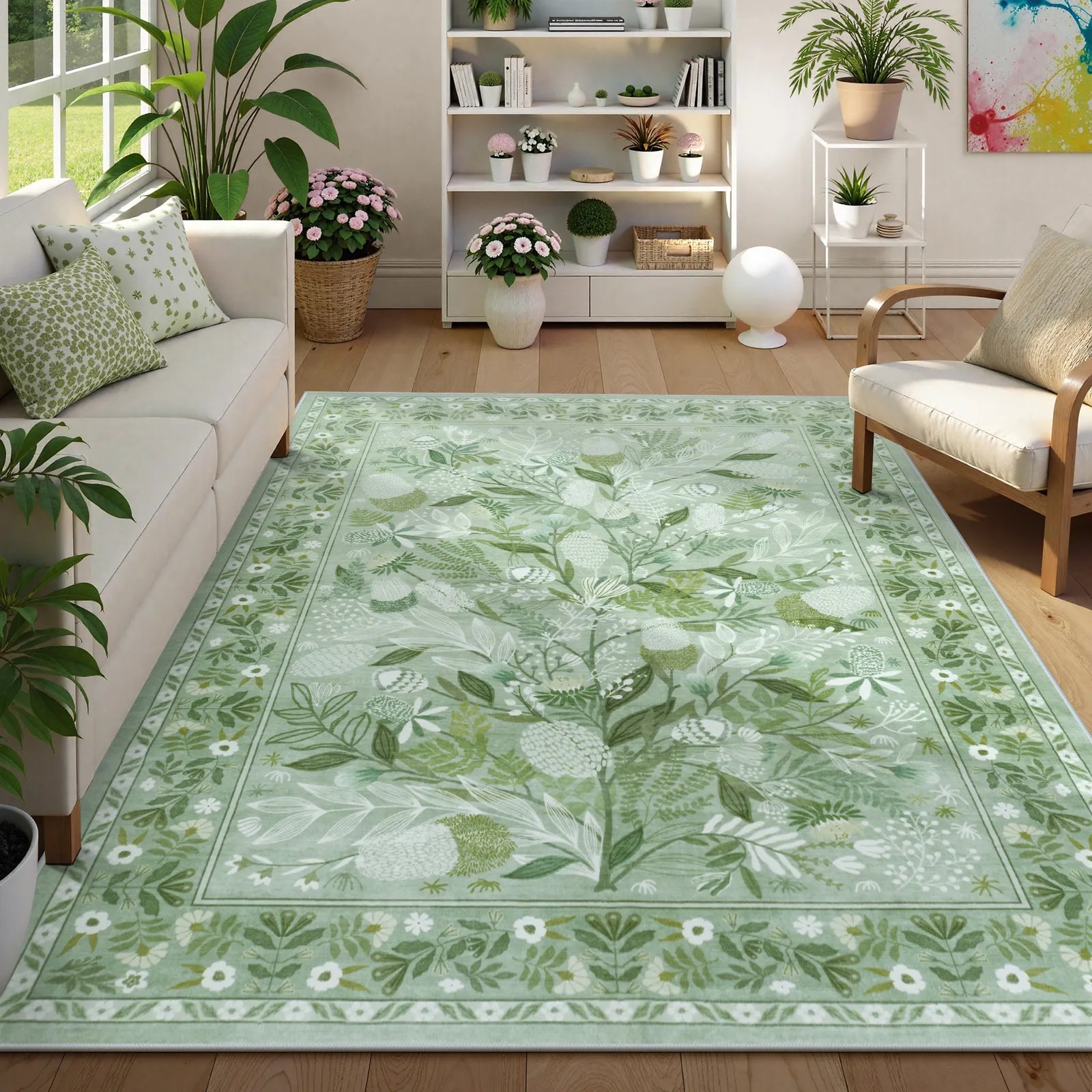 Alma Washable Modern Natural Botanical Floral Light Green Rug Area Rugs Lahome 8' x 10'