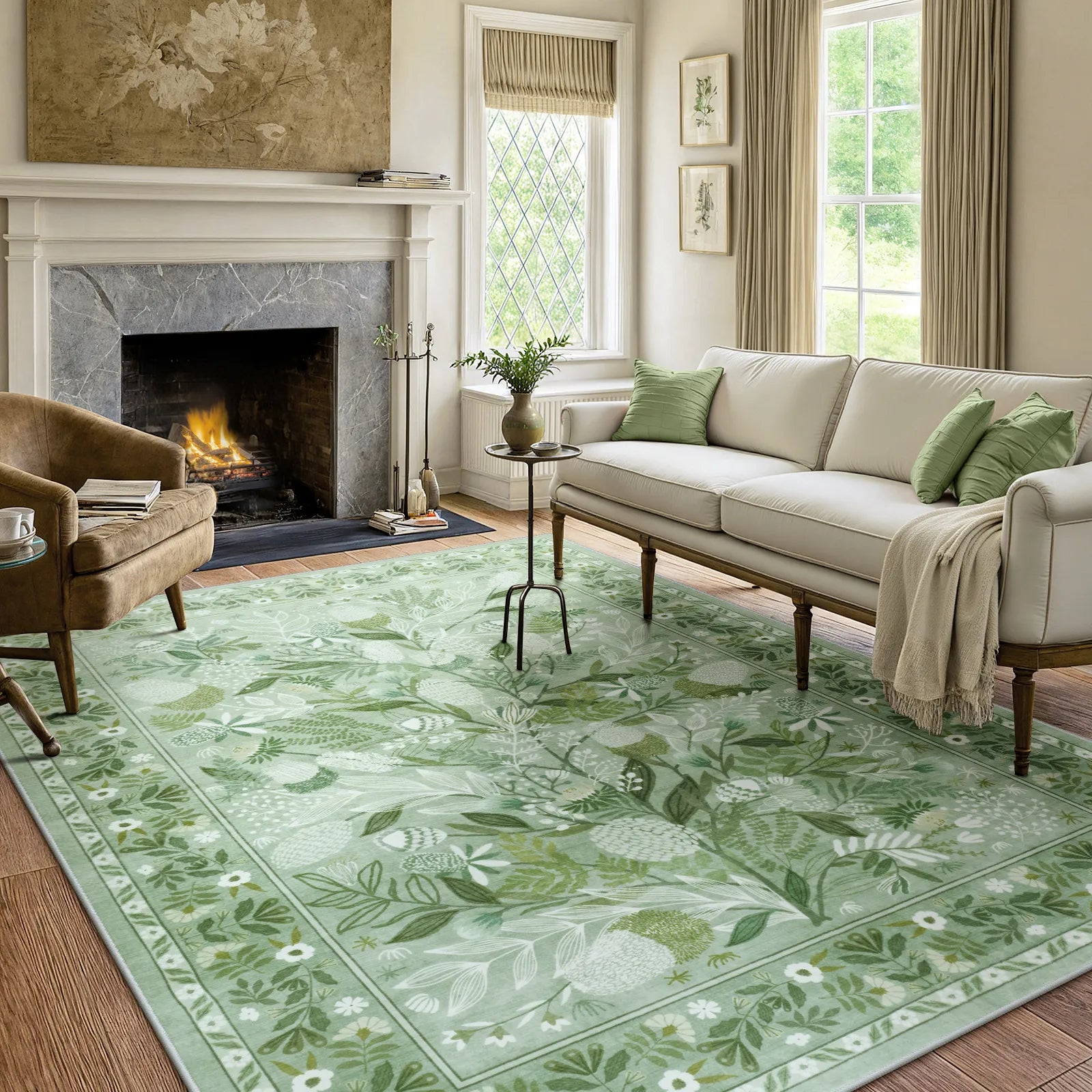 Alma Washable Modern Natural Botanical Floral Light Green Rug Area Rugs Lahome