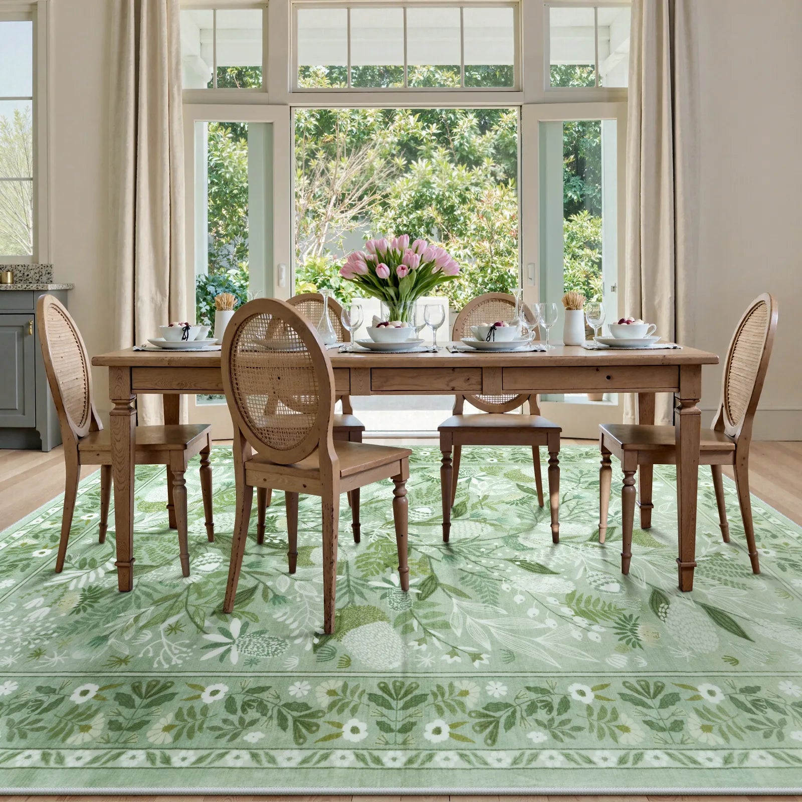 Alma Washable Modern Natural Botanical Floral Light Green Rug Area Rugs Lahome