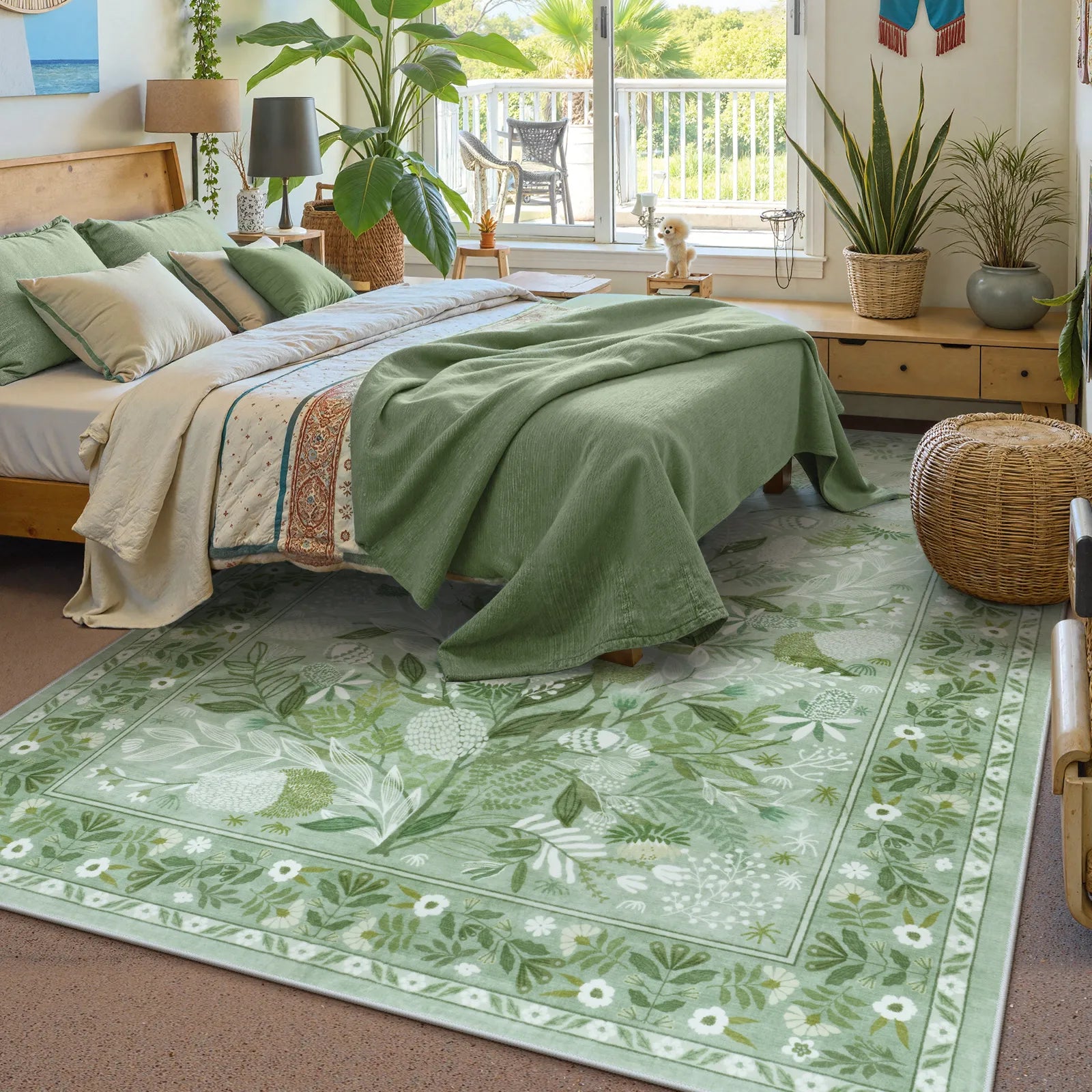 Alma Washable Modern Natural Botanical Floral Light Green Rug Area Rugs Lahome
