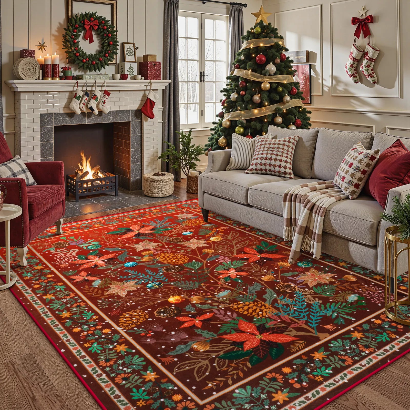 Dorian Christmas Washable Modern Natural Botanical Floral Red Rug Area Rugs Lahome