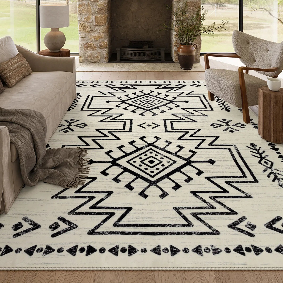 Vivienne Washable Aztec Moroccan Distressed Beige Rug Area Rugs Lahome