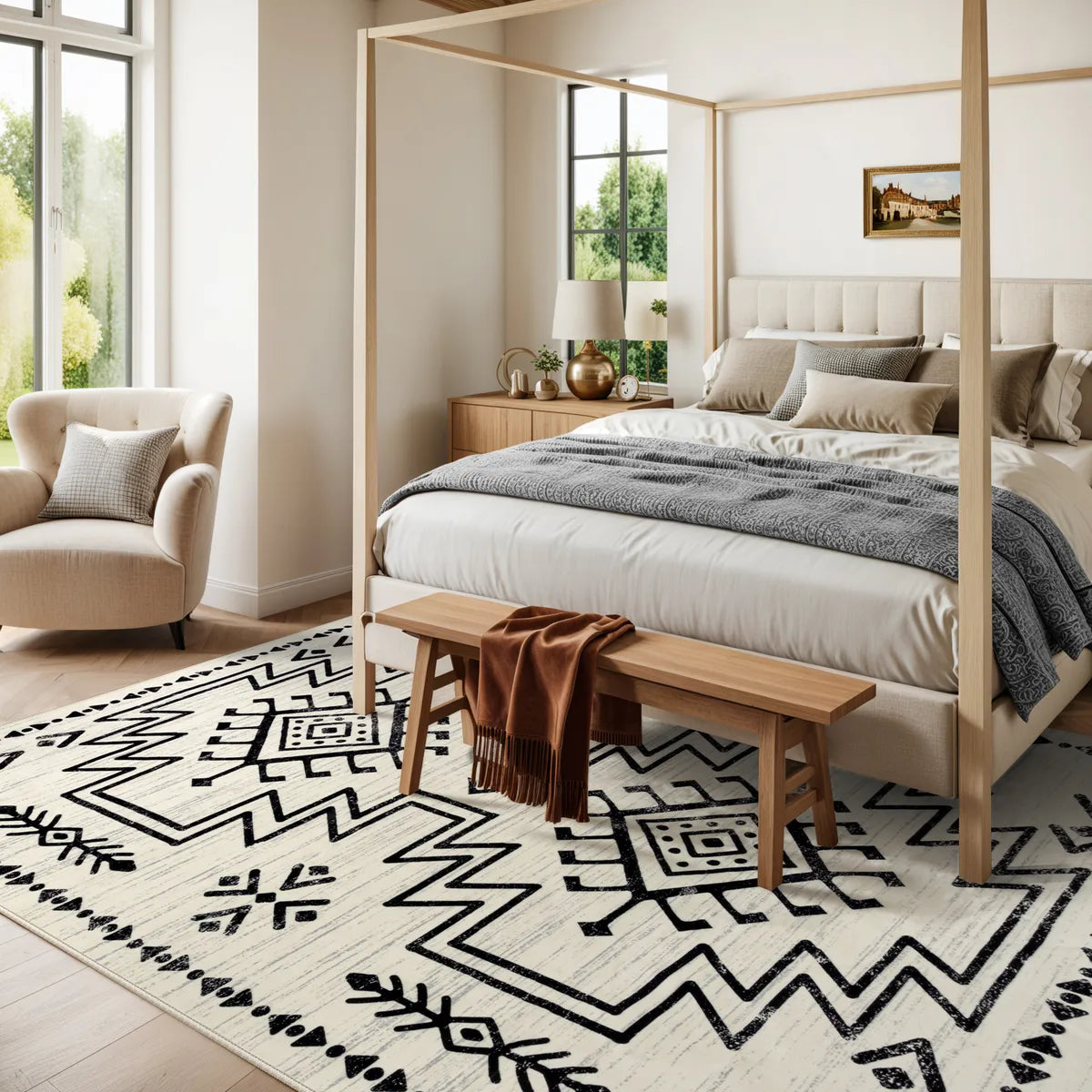 Vivienne Washable Aztec Moroccan Distressed Beige Rug Area Rugs Lahome 8' x 10'