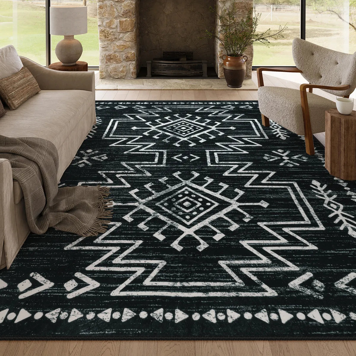 Vivienne Washable Aztec Moroccan Distressed Black Rug Area Rugs Lahome 8' x 10'