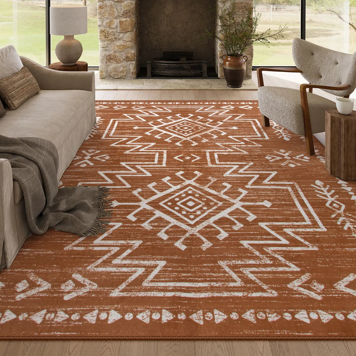 Vivienne Washable Aztec Moroccan Distressed Orange Rug Area Rugs Lahome 8' x 10'