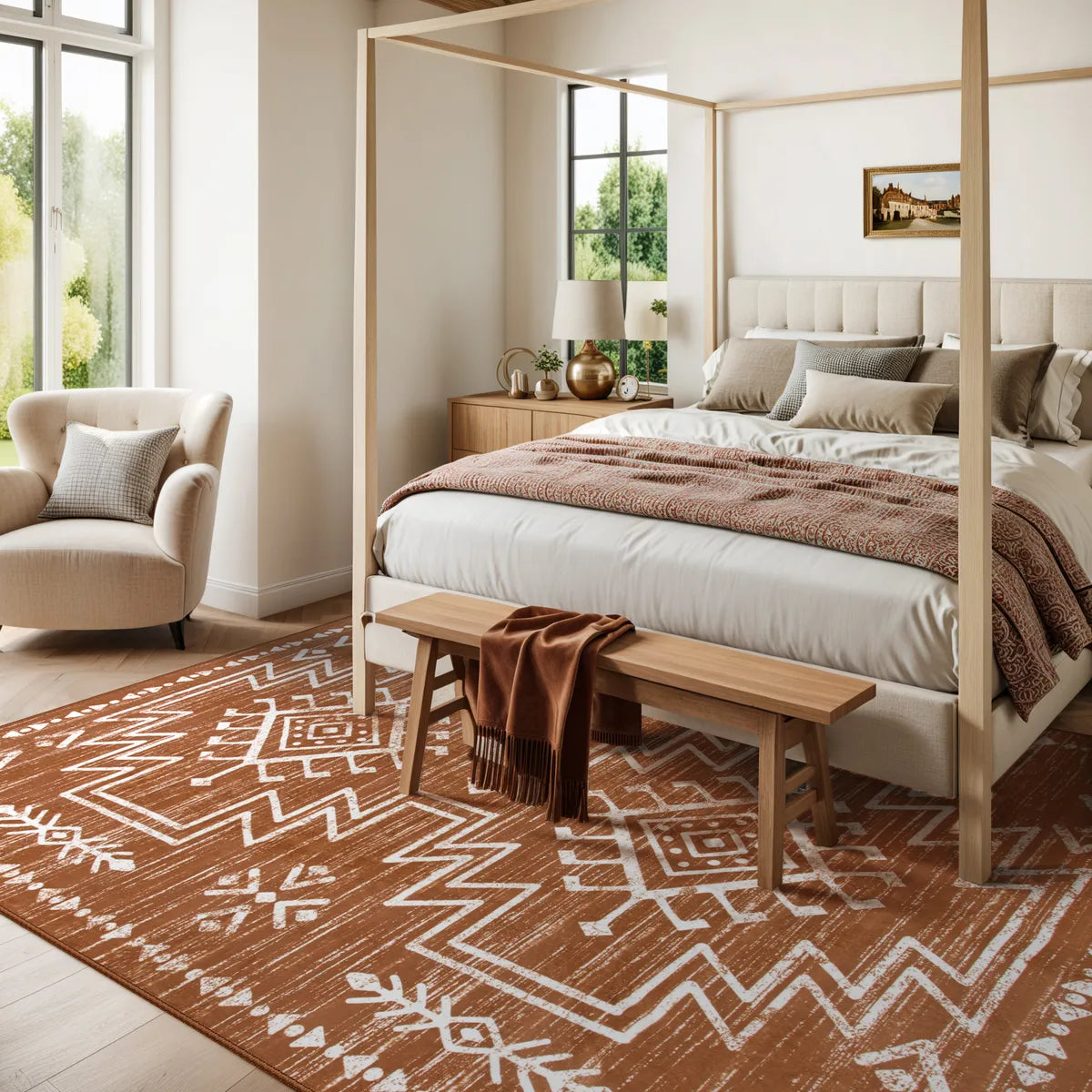Vivienne Washable Aztec Moroccan Distressed Orange Rug Area Rugs Lahome