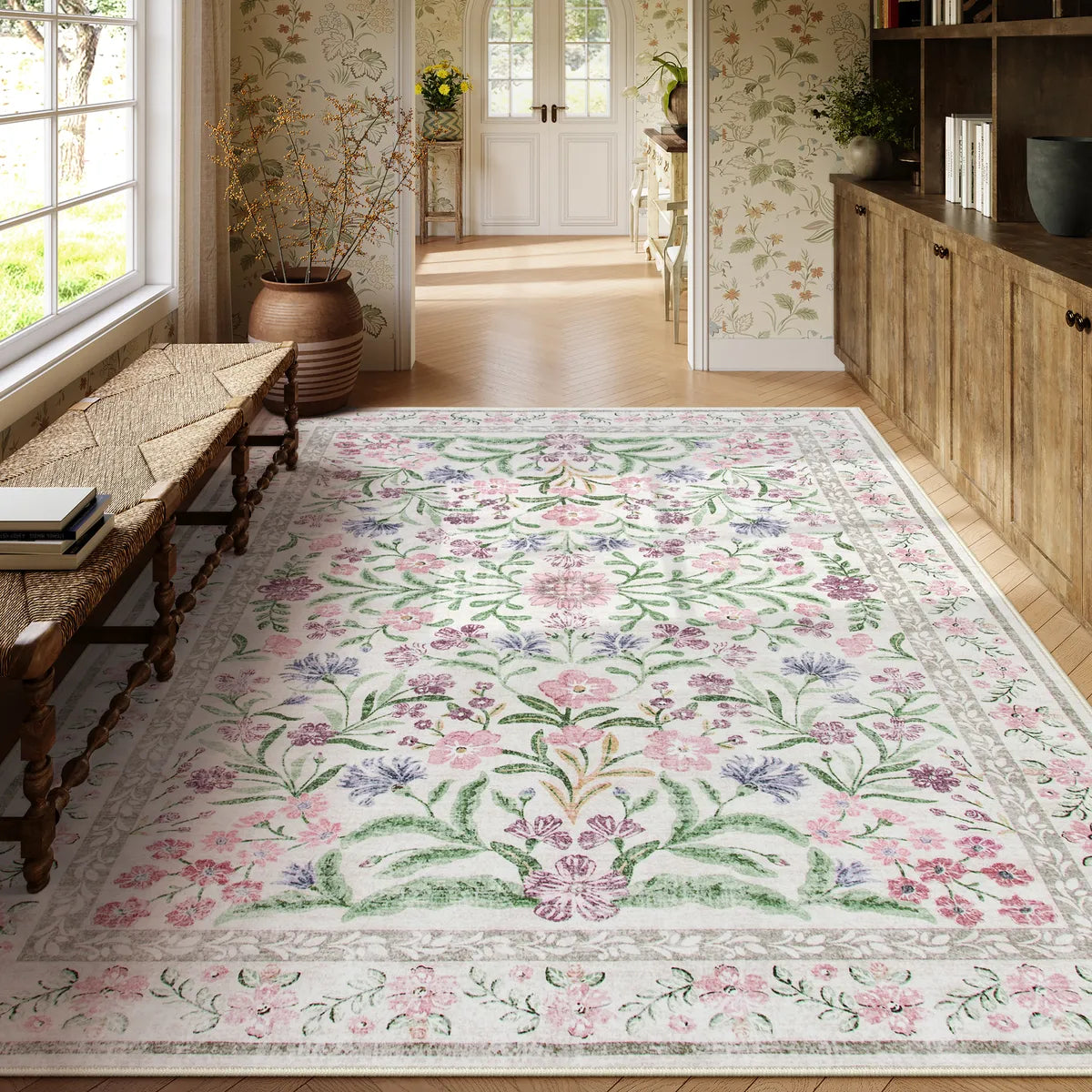 Sylvie Washable Boho Modern Parisian Garden Floral Purple Rug Area Rugs Lahome