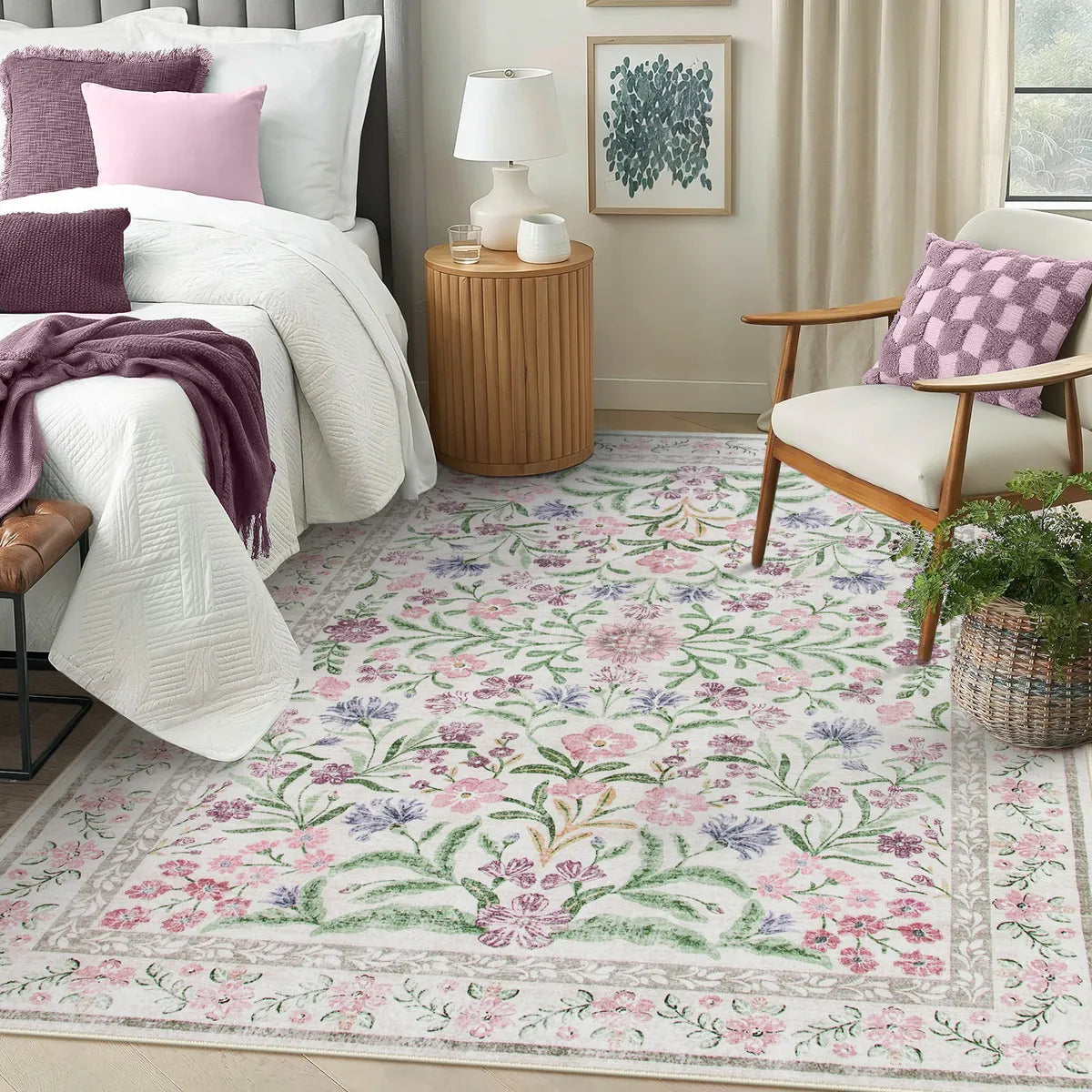Sylvie Washable Boho Modern Parisian Garden Floral Purple Rug Area Rugs Lahome