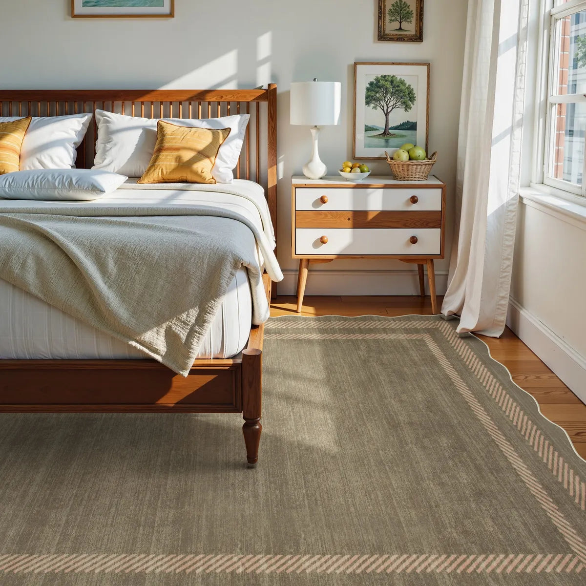 Brise Washable Farmhouse Scalloped Olive Green Area Rug Rugs Lahome