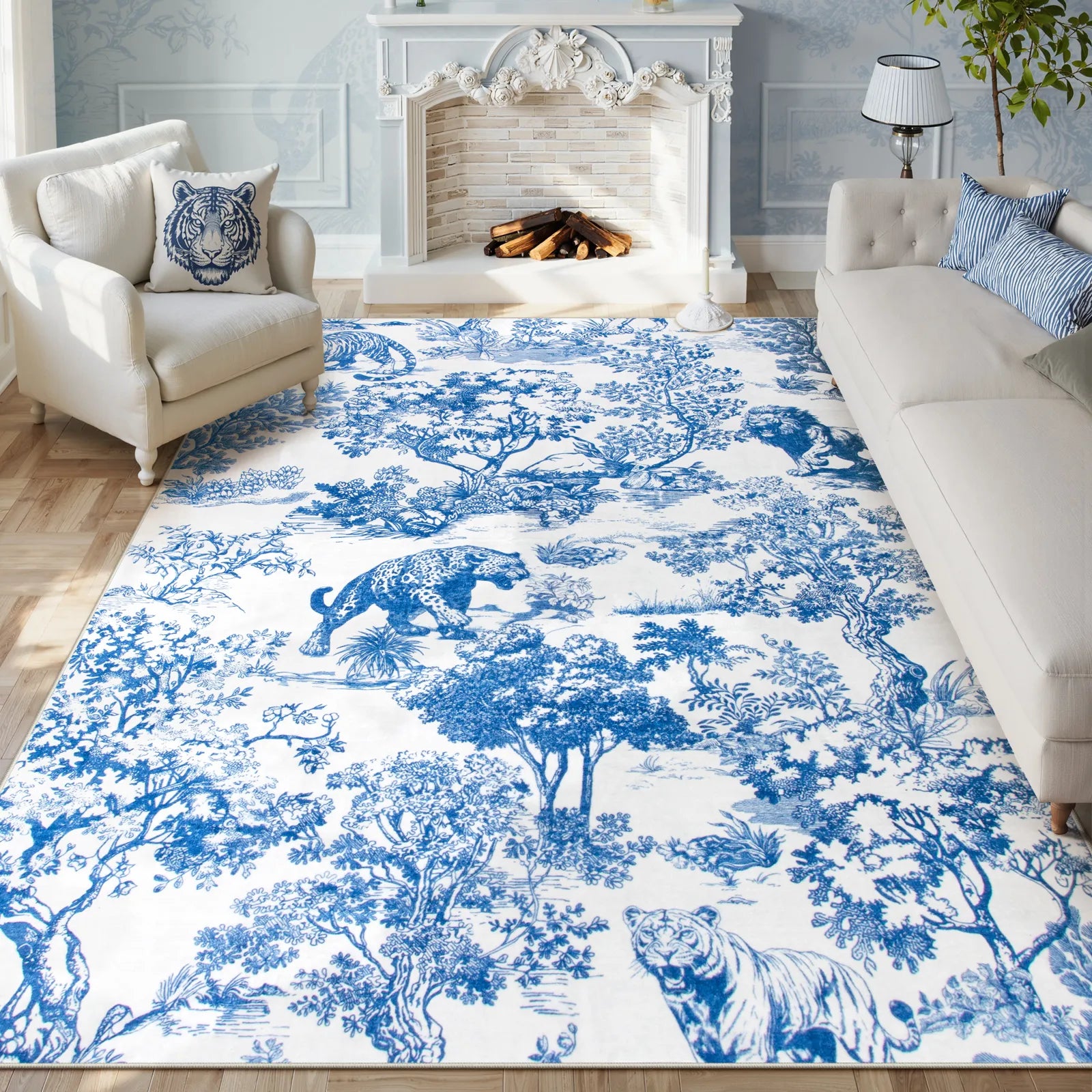 Brume Washable Vintage Toile Tiger Blue Rug Area Rugs Lahome 8' x 10'