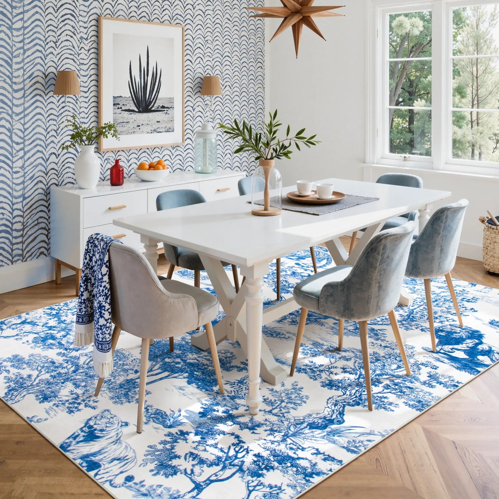 Brume Washable Vintage Toile Tiger Blue Rug Area Rugs Lahome