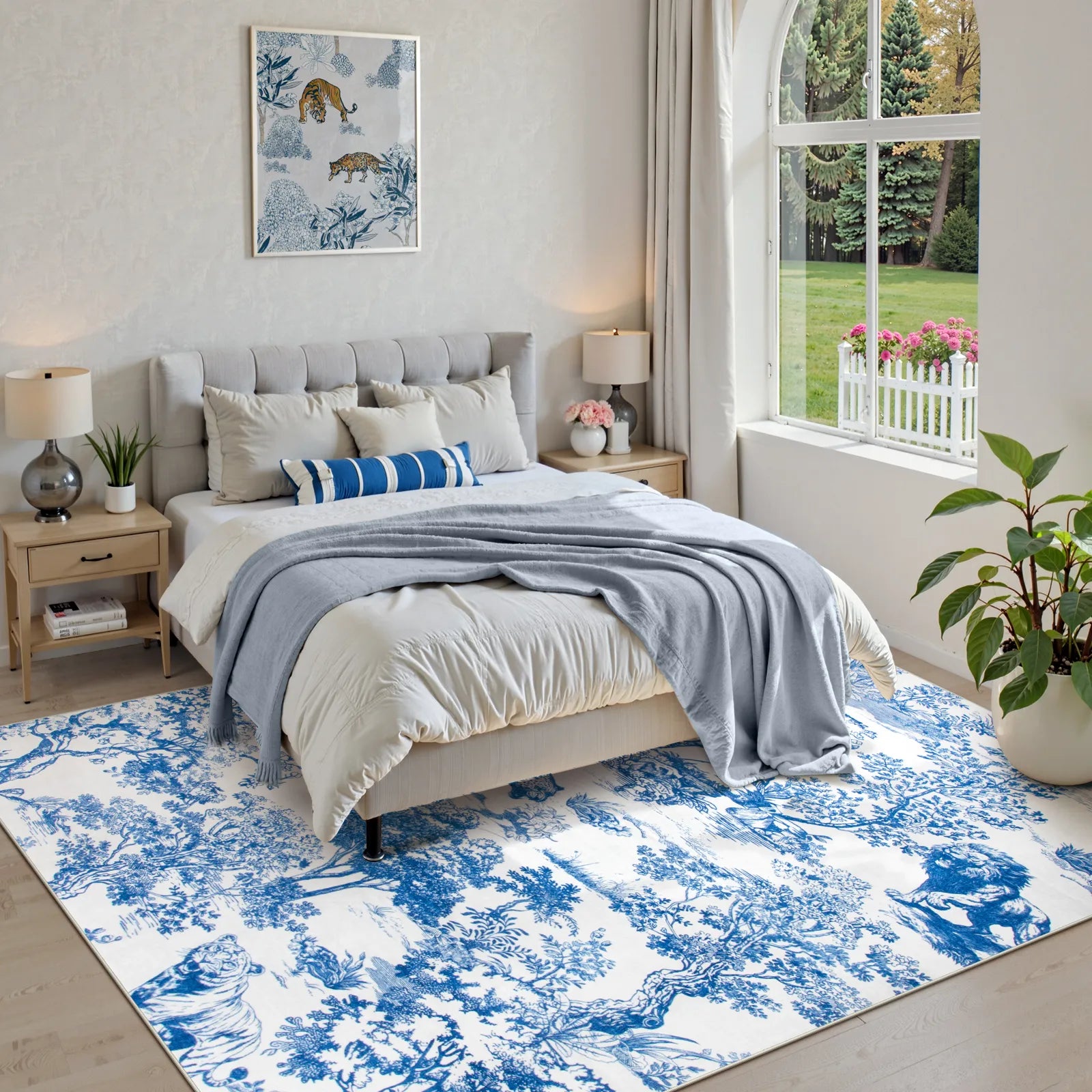 Brume Washable Vintage Toile Tiger Blue Rug Area Rugs Lahome