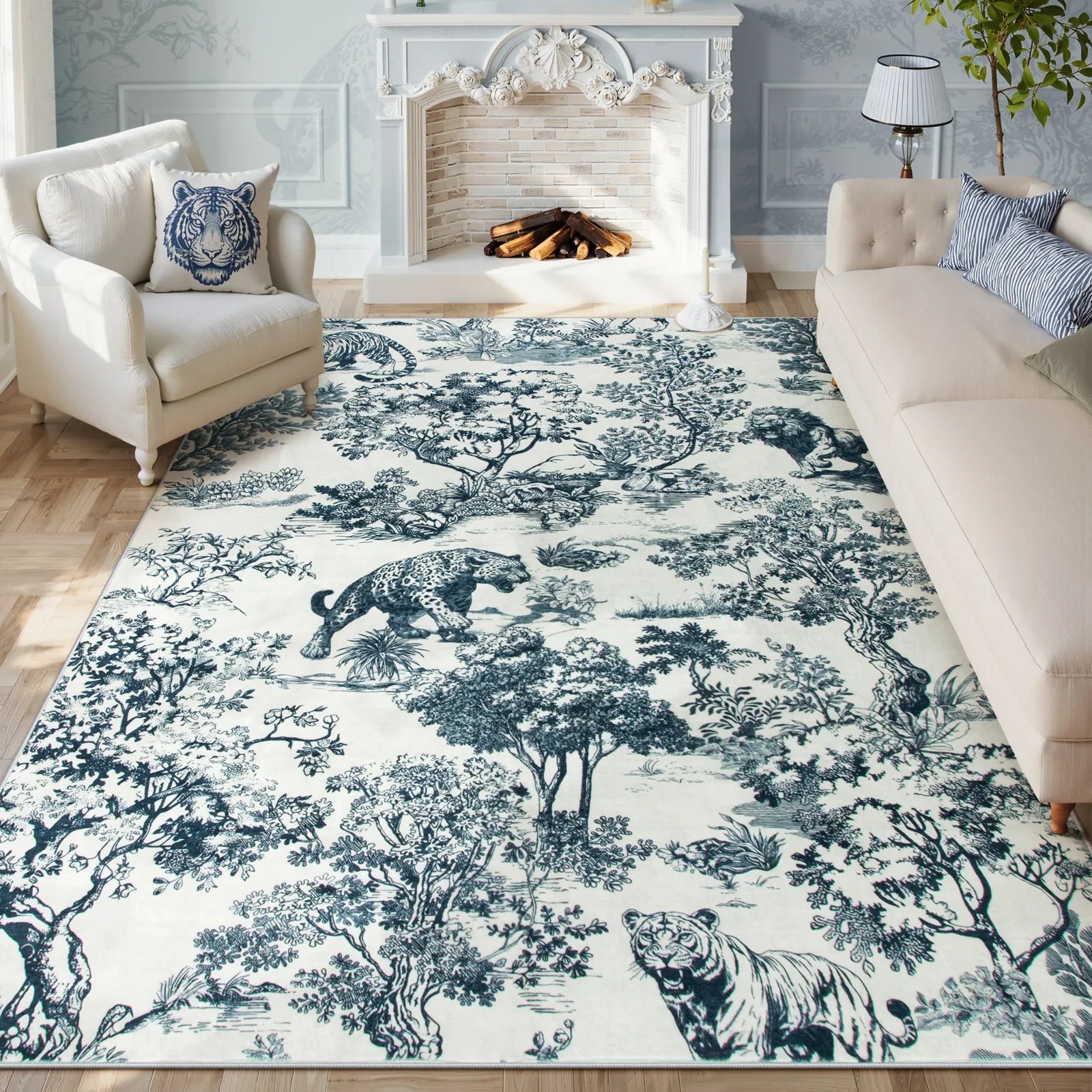 Brume Washable Vintage Toile Tiger Navy Blue Rug Area Rugs Lahome 8' x 10'