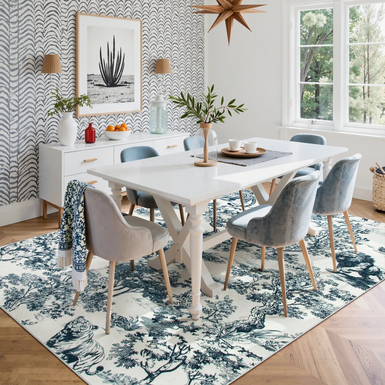 Brume Washable Vintage Toile Tiger Navy Blue Rug Area Rugs Lahome