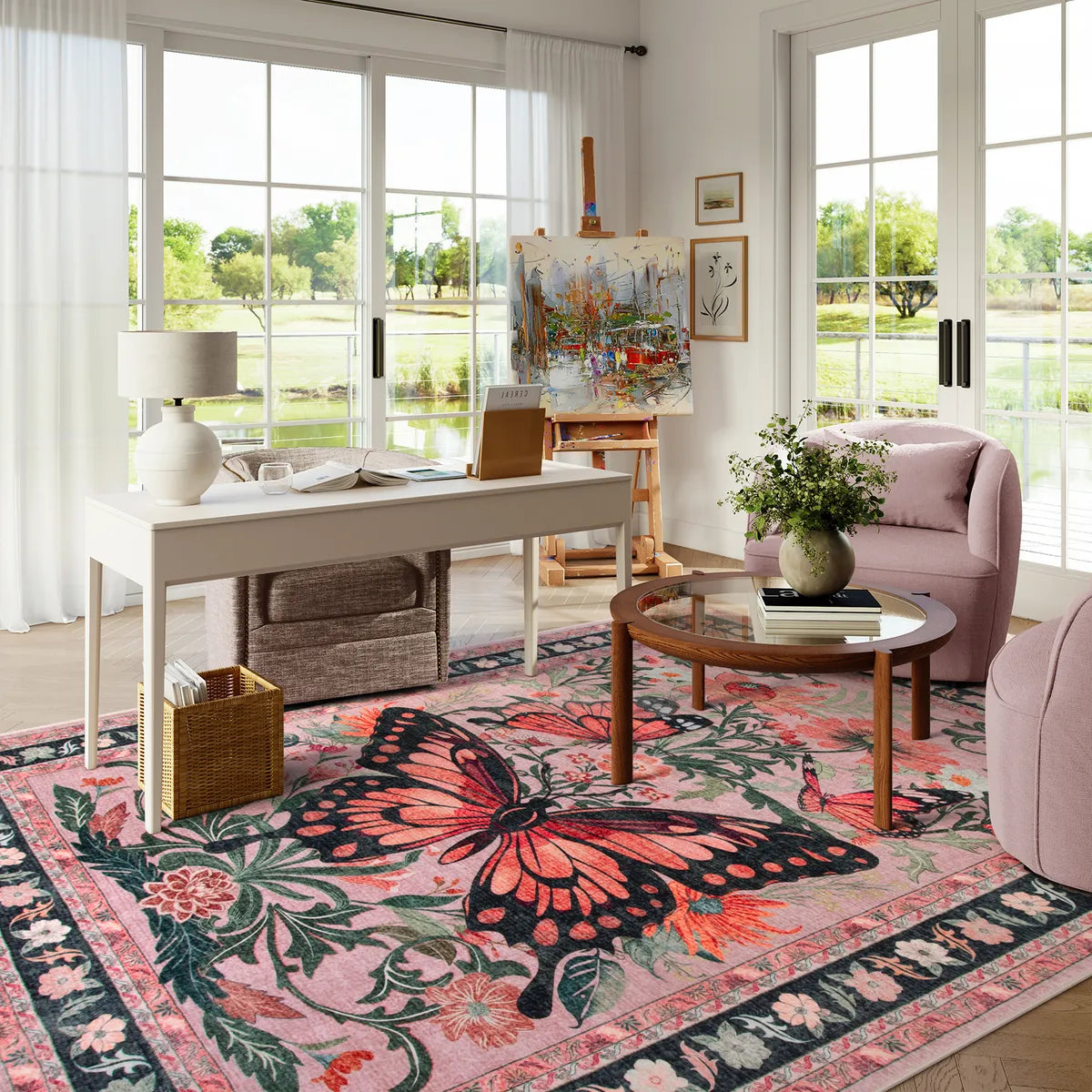 Leonie Washable Butterfly Floral Blossom Pink Rug Area Rugs Lahome