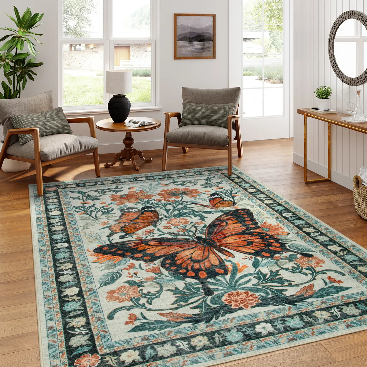 Leonie Washable Butterfly Floral Blossom Beige Runner Rug Clearance Rugs Lahome