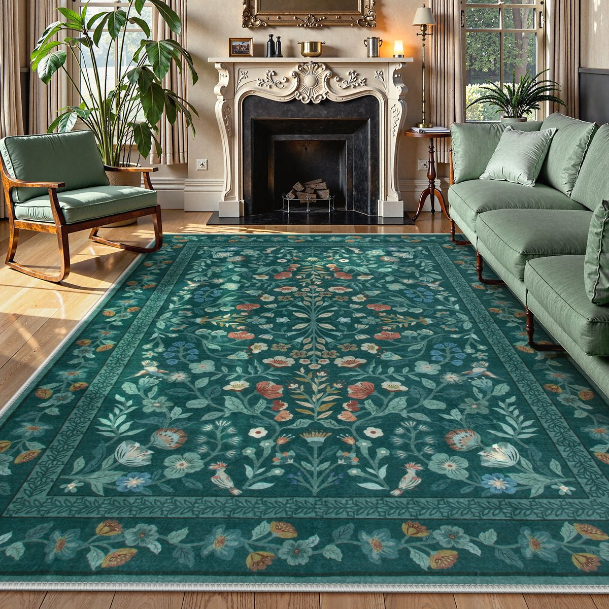 Celeste Washable Vintage Floral Green Area Rug Area Rugs Lahome 8' x 10'