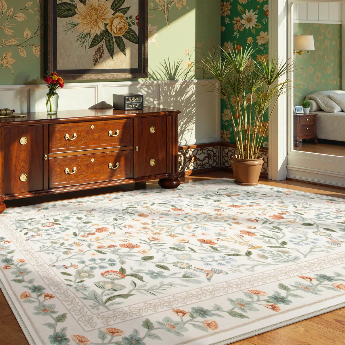 Celeste Washable Vintage Floral Beige Area Rug Area Rugs Lahome