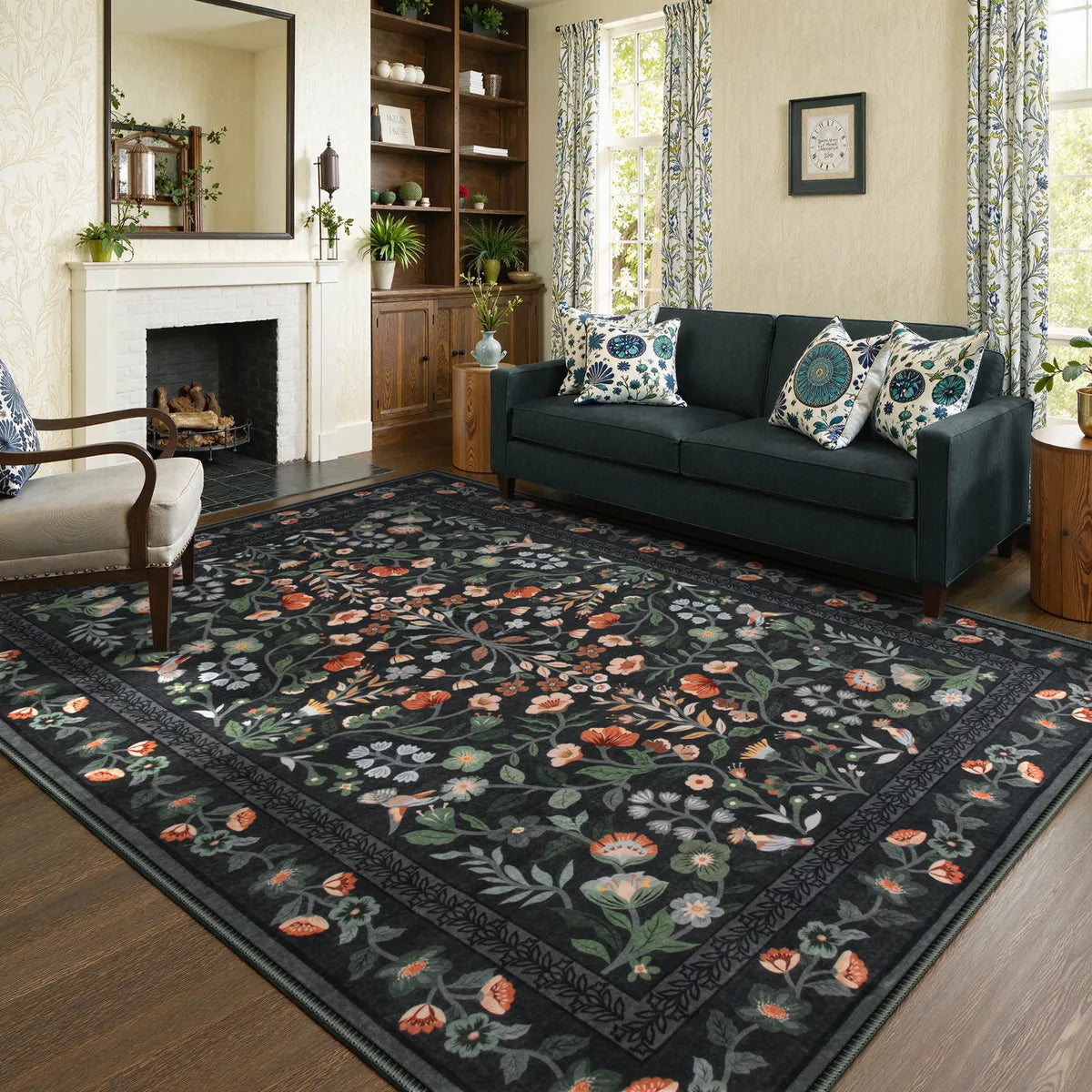 Celeste Washable Vintage Floral Black Area Rug Area Rugs Lahome