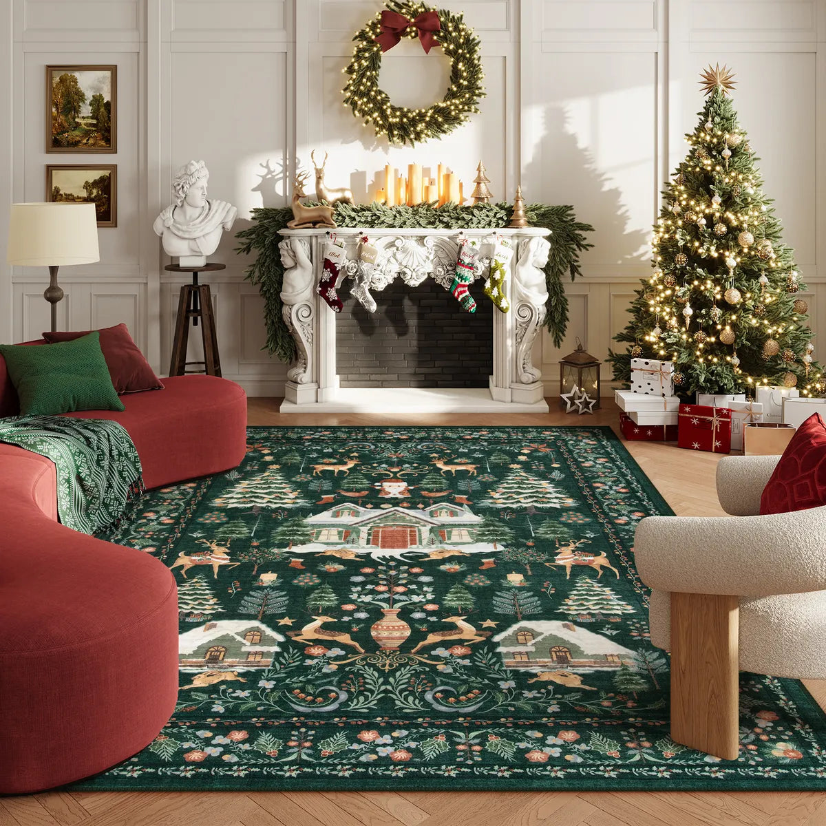 Kylian Christmas Washable Winter Snow House Green Rug Area Rugs Lahome 8' x 10'