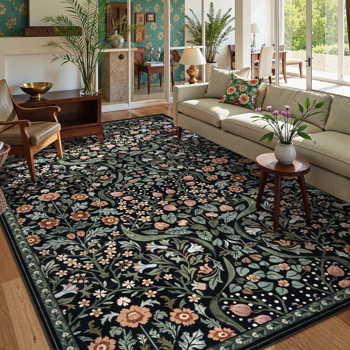 Claude Washable Maximalism Vibrant Blossom Floral Black Rug Area Rugs Lahome 8' x 10'