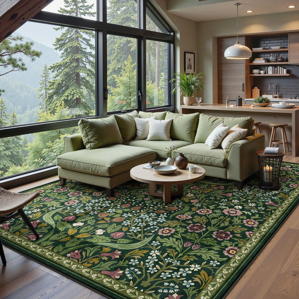 Claude Washable Maximalism Vibrant Blossom Floral Dark Green Rug Area Rugs Lahome