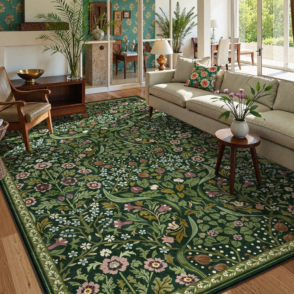 Claude Washable Maximalism Vibrant Blossom Floral Dark Green Rug Area Rugs Lahome