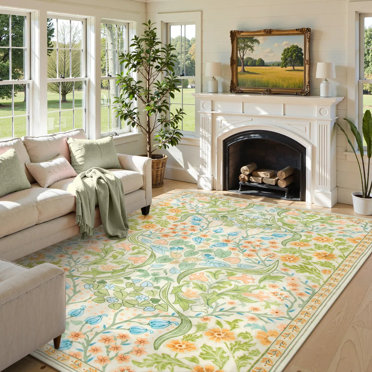 Claude Washable Maximalism Vibrant Floral Light Green Rug Area Rugs Lahome