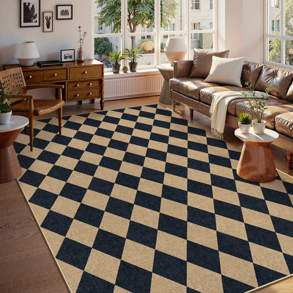 Coline Washable Geometric Checkered Easy Jute Black Indoor/Outdoor Rug Easy Jute Area Rug Lahome