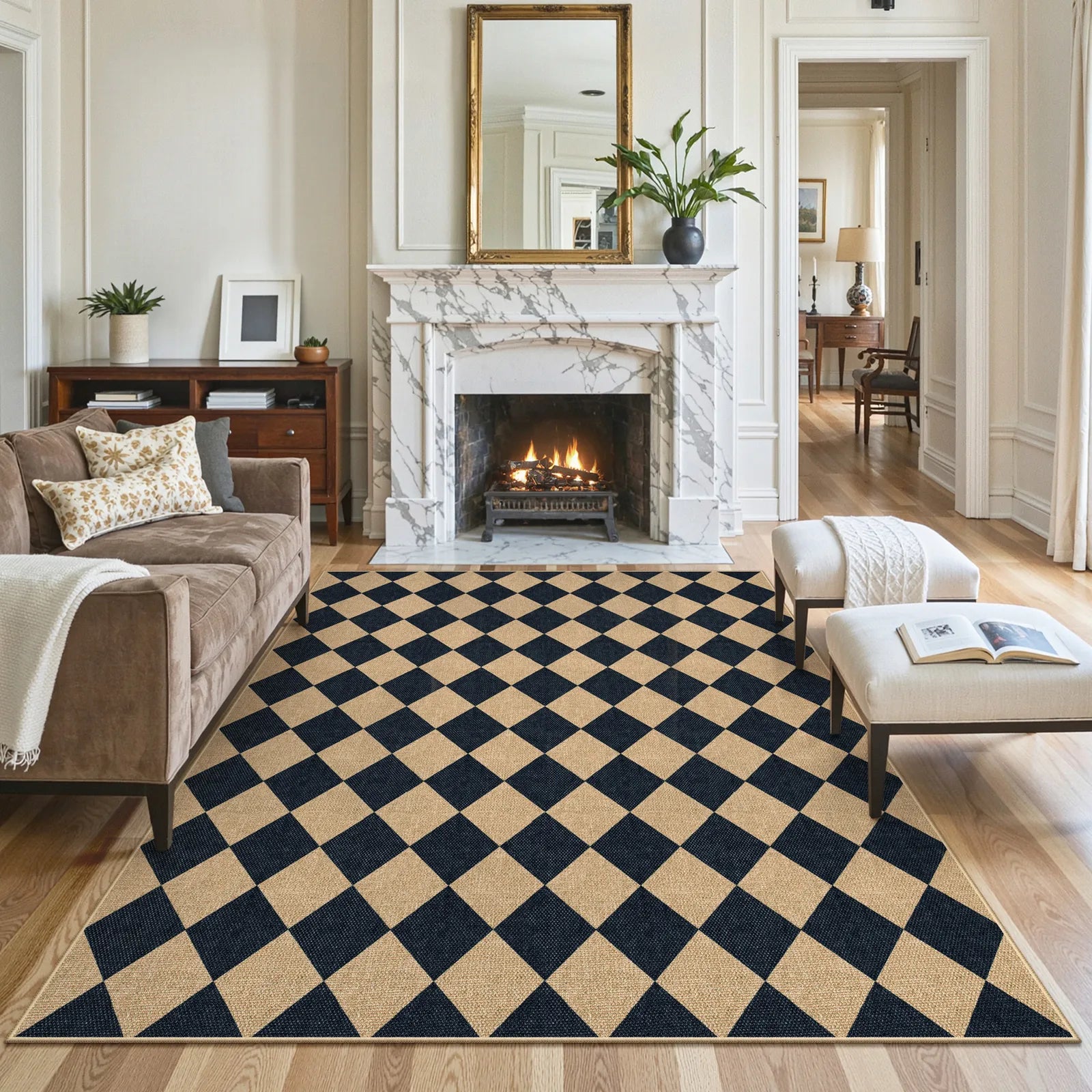 Coline Washable Geometric Checkered Easy Jute Black Indoor/Outdoor Rug Easy Jute Area Rug Lahome