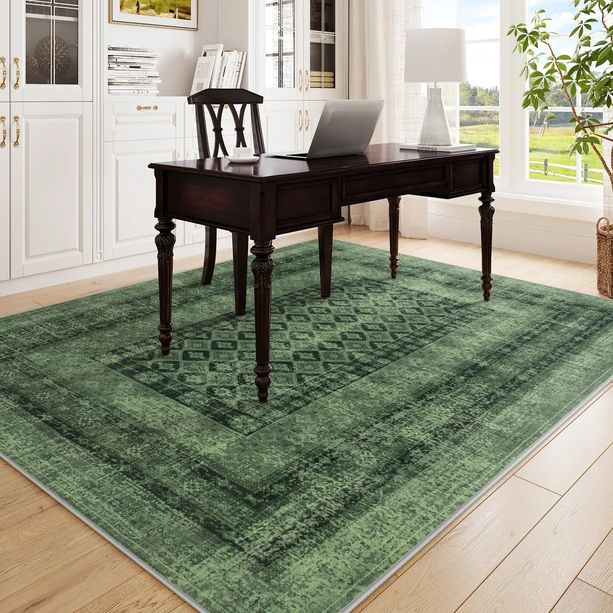 Daisy Washable Vintage Farmhouse Distressed Green Rug Area Rugs Lahome