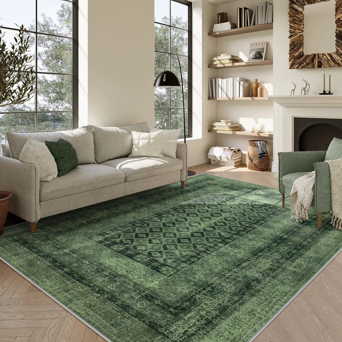 Daisy Washable Vintage Farmhouse Distressed Green Rug Area Rugs Lahome
