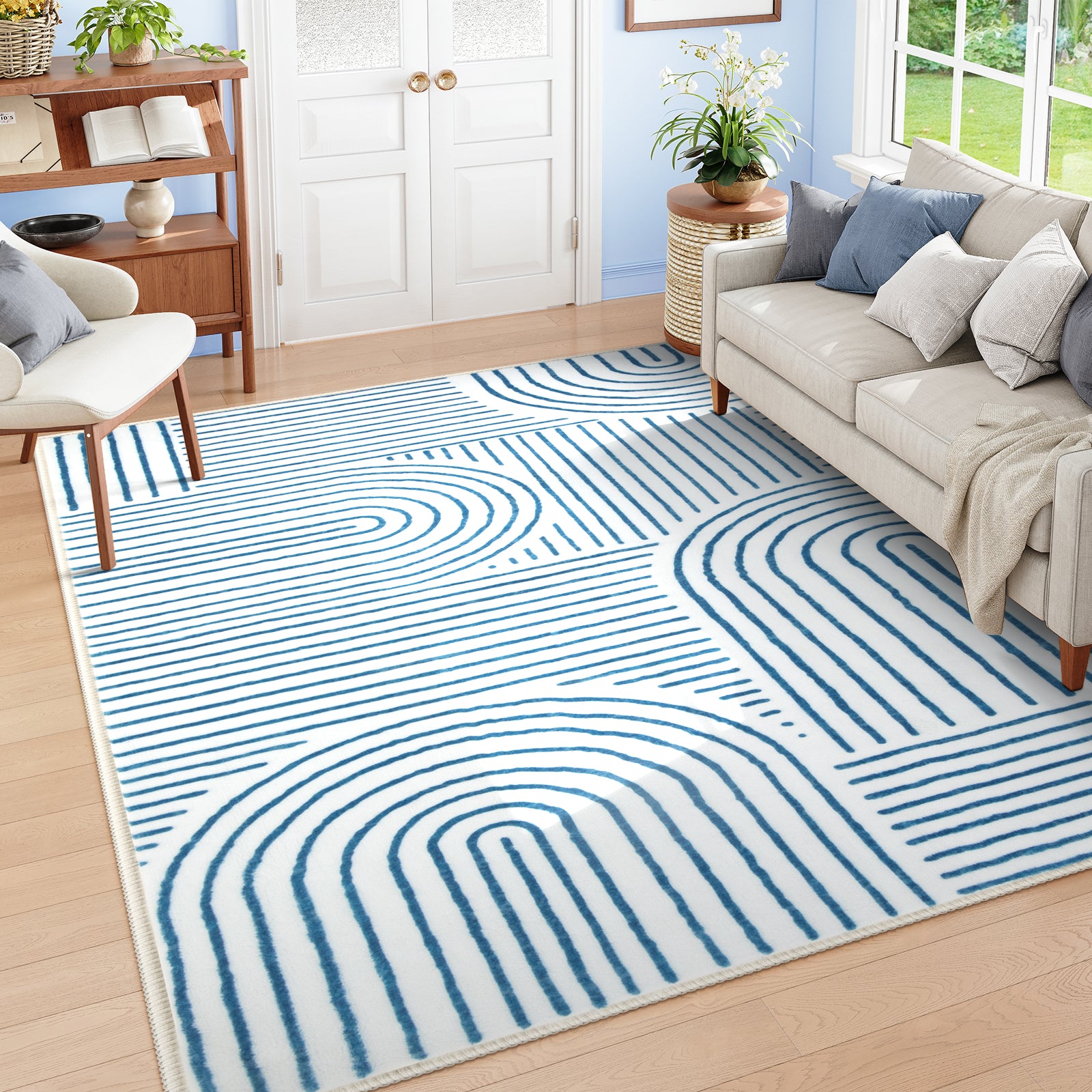 Darrell Washable Abstract Rainbow Stripe Blue/White Rug Clearance Rugs Lahome 8' x 10'