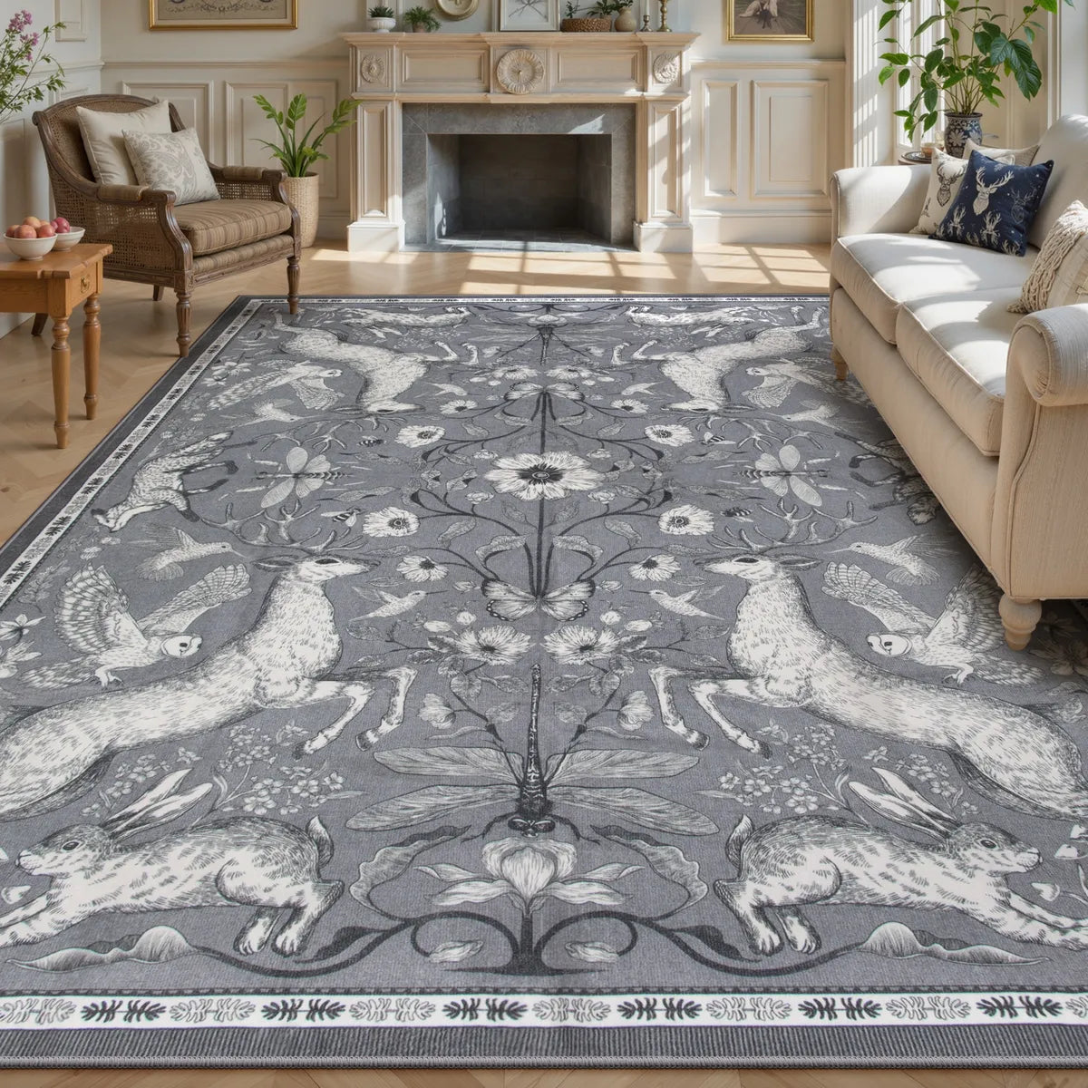Dorval Washable Vintage Woodland Charcoal Gray Rug Area Rugs Lahome 8' x 10'