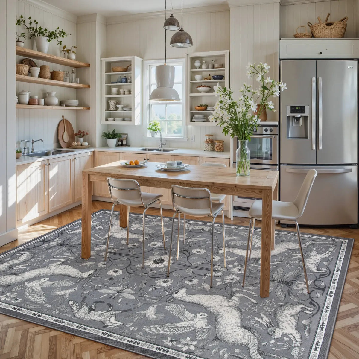 Dorval Washable Vintage Woodland Charcoal Gray Rug Area Rugs Lahome